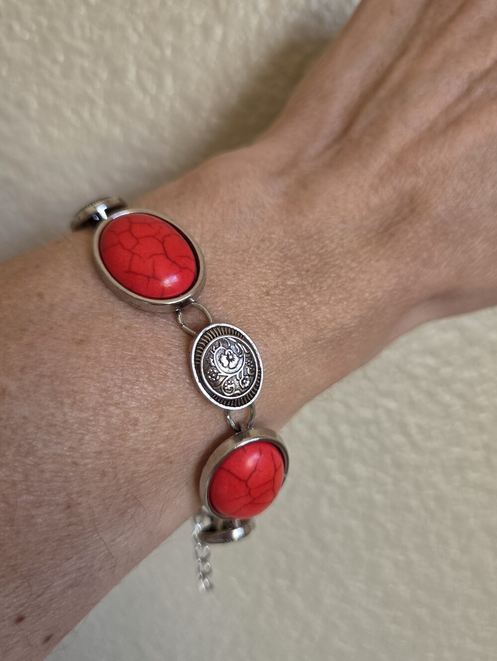southwestern red faux turquoise cabochon concho link bracelet silver